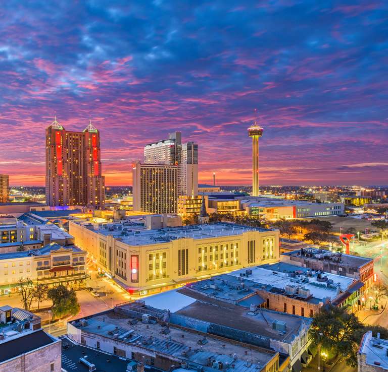 Overhead view of San Antonio skyline at dusk