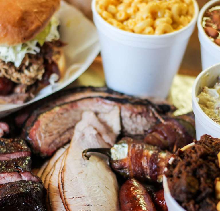 Overhead view of barbecue spread