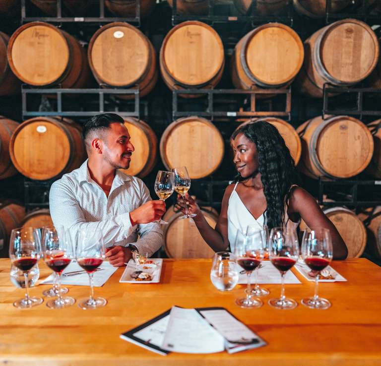 Couple toasting wine glasses on a date night