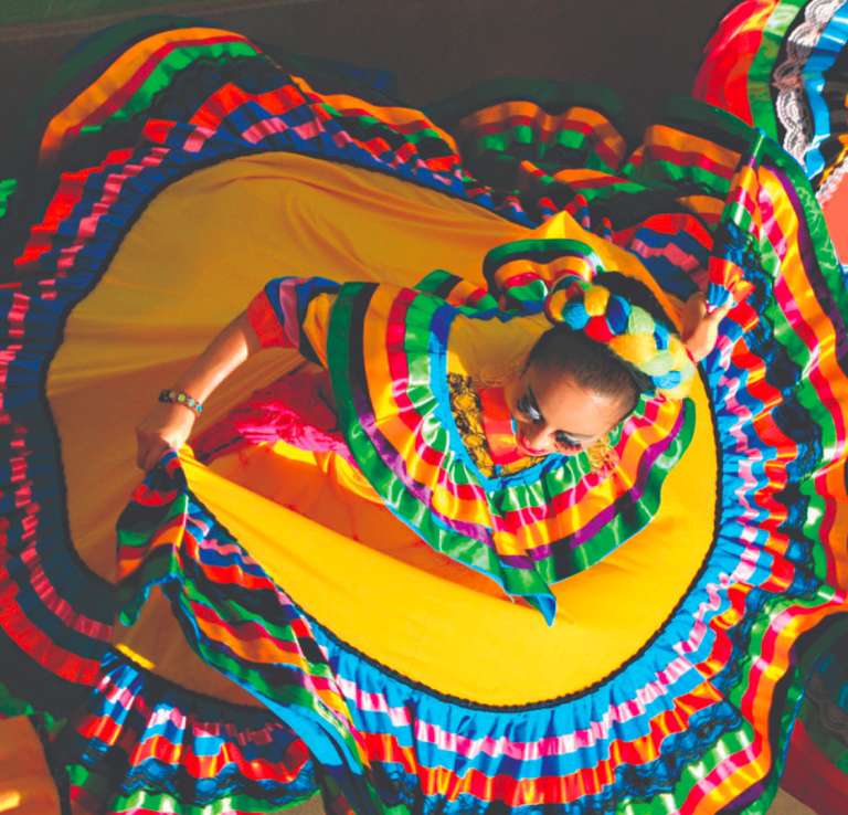 Overhead view of Folklorico dancers in brightly colored dresses
