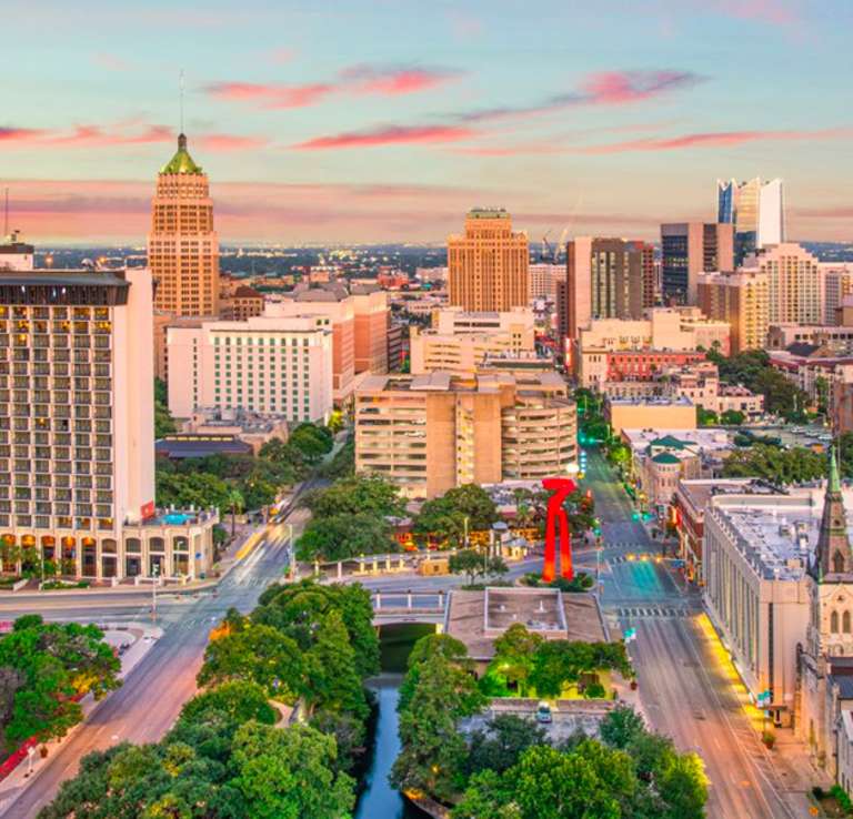 San Antonio Skyline with Torch of Friendship at center.