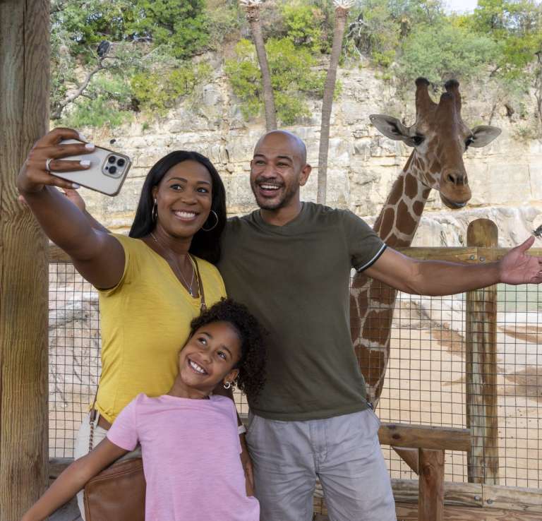 Family posing for selfie photo in front of giraffe at San Antonio Zoo.