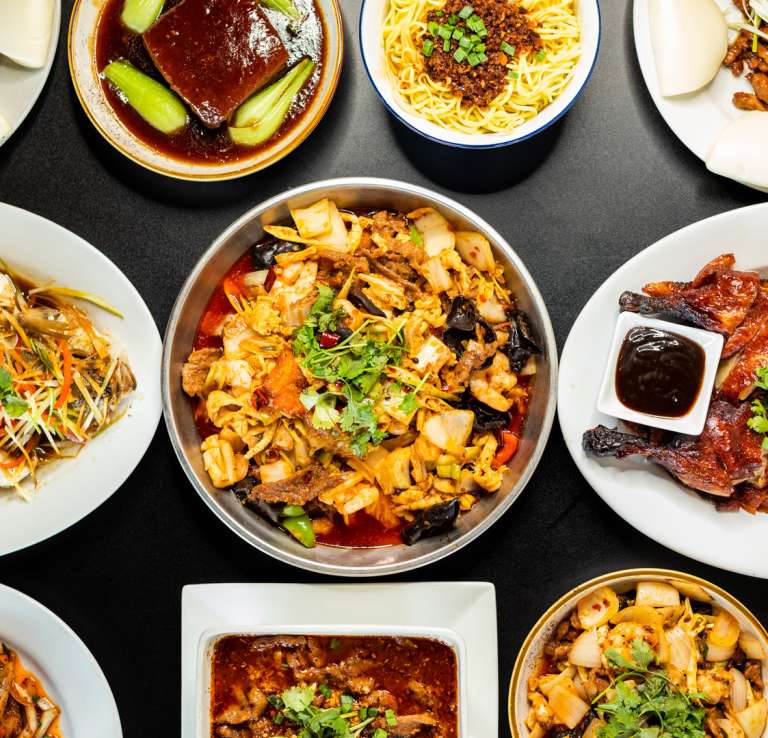Overhead view of Asian food spread