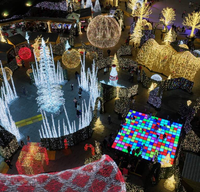 Overhead view of Christma lights at Coca-Cola Classic Christmas in San Antonio.