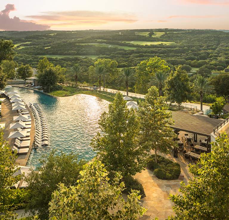 Overhead view of pool and resort