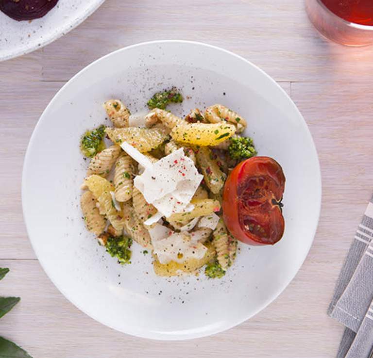 Overhead view of pasta salad in bowl