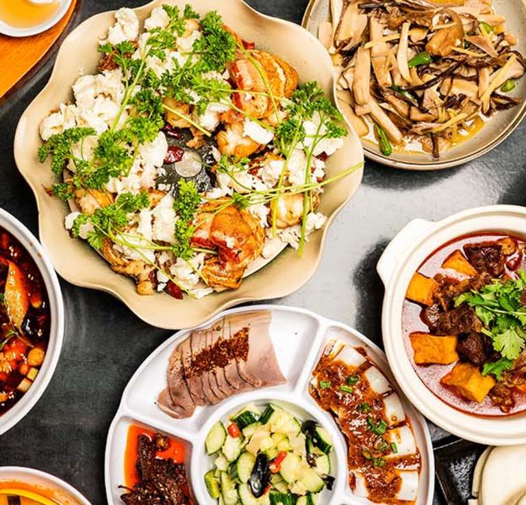 Overhead view of Asian food spread