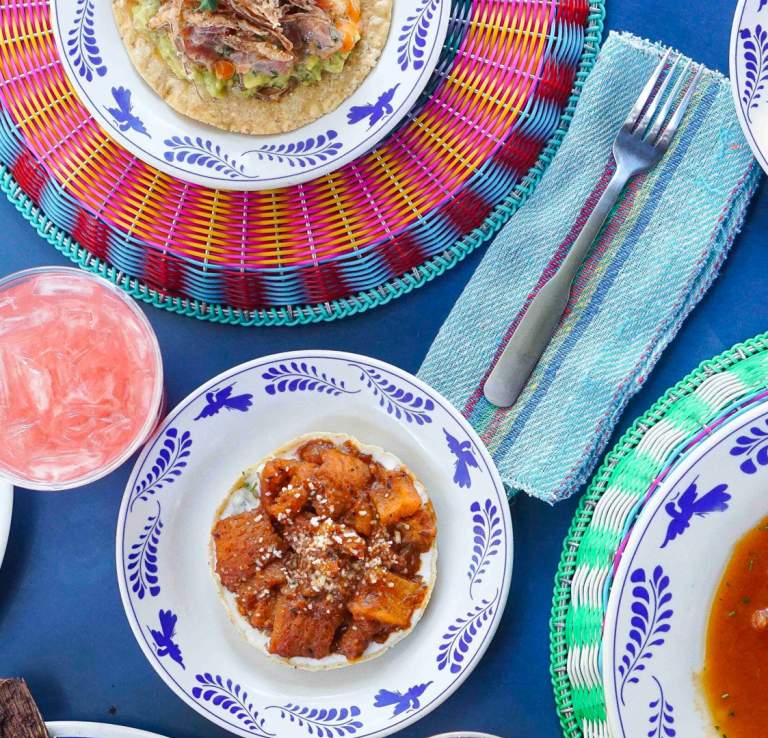 Overhead view of Mexican cuisine spread