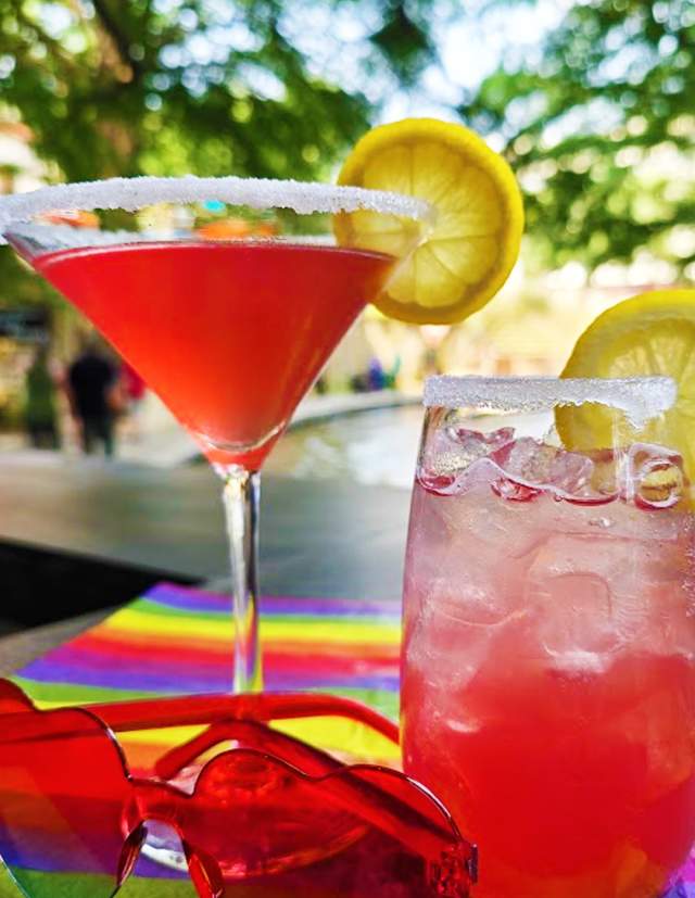 Red cocktails and mocktails with red heart sunglasses.