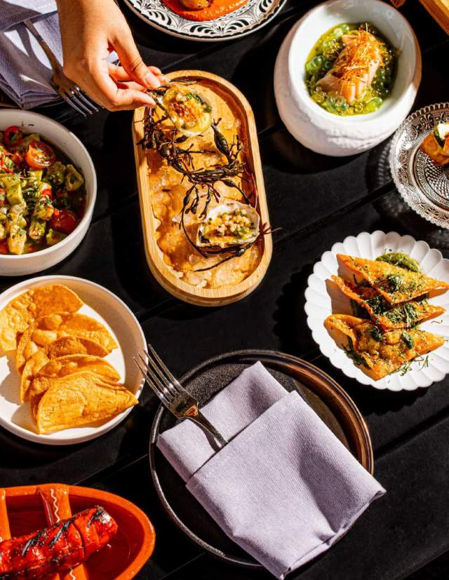 Overhead view of spread of food at Tenfold bar at Kimpton Santo in San Antonio.
