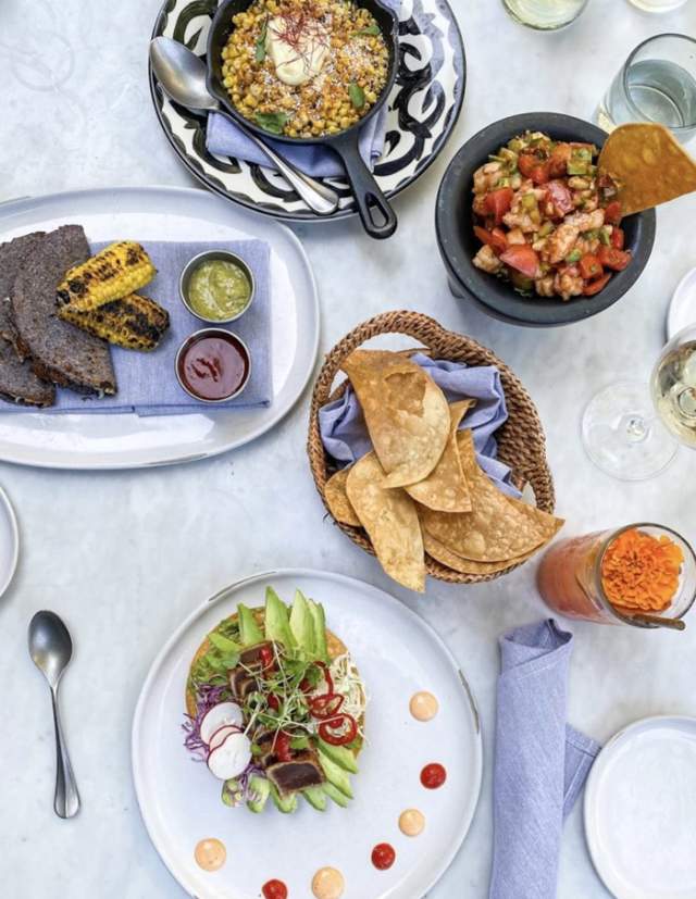 Overhead view of food spread at Domingo restaurant in San Antonio, Texas.