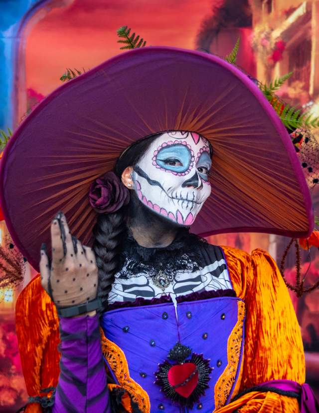 Woman dressed with sugar skull makeup at San Antonio Botanical Garden