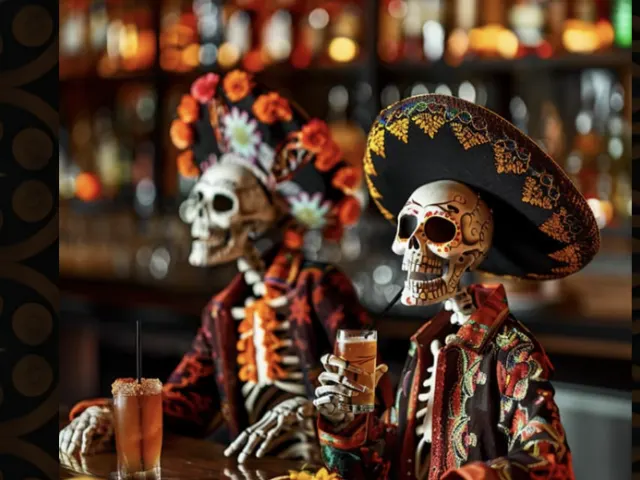 Two skeletons (catrinas) sipping drinks at bar.