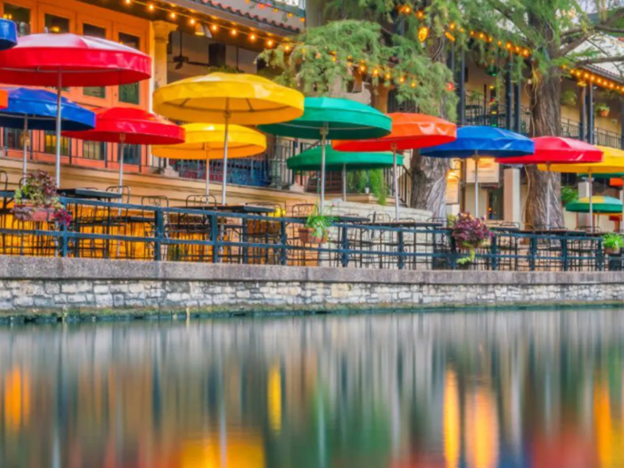 famous umbrellas along the San Antonio River Walk