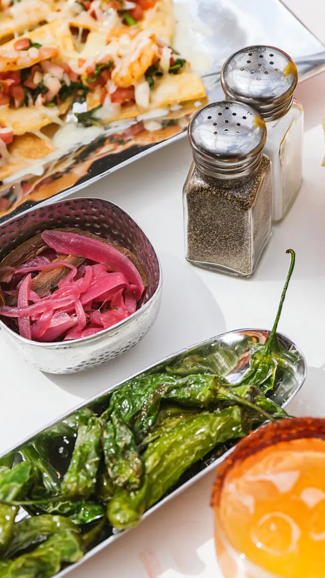 Food spread of peppers, chips, drink, and quesdillas
