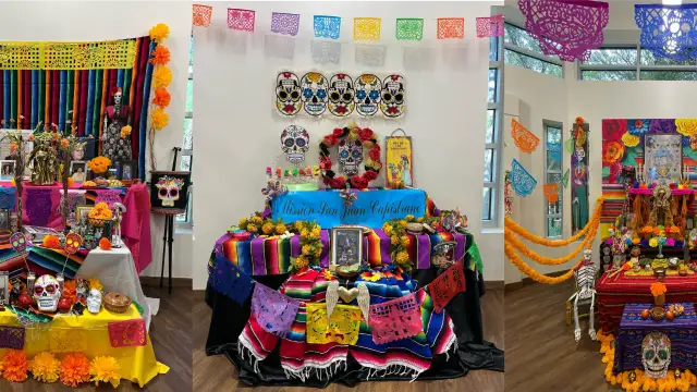 Three photos of Día de los Muertos altars