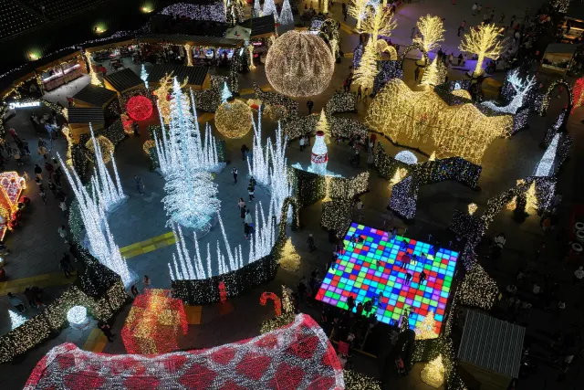 Overhead view of Christma lights at Coca-Cola Classic Christmas in San Antonio.