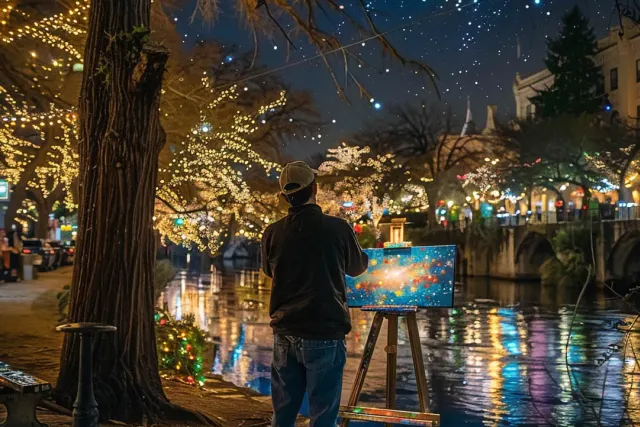 man painting on canvas outside of San Antonio Art League + Museum