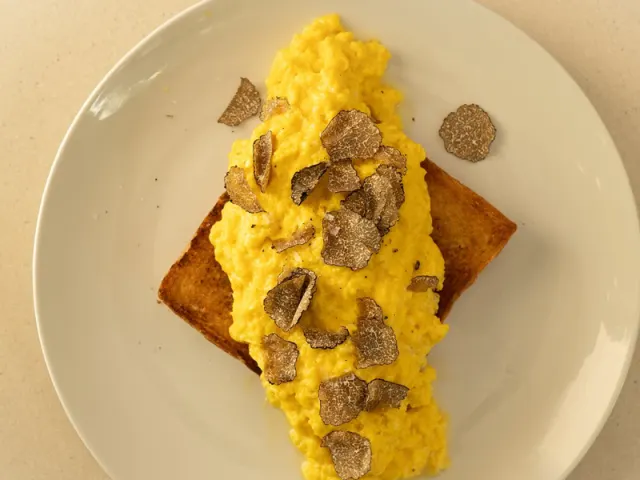 Overhead view of toast with egg