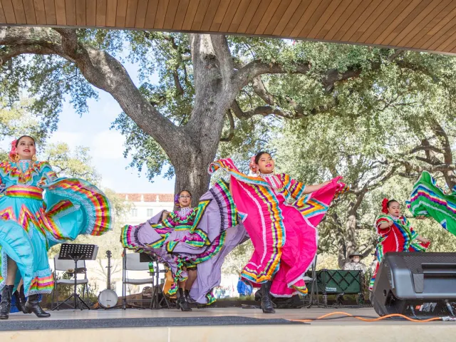 Folklorico dancers dancing at Plaza de Valero pavilion.