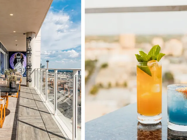 Split image of hotel bar patio and drinks.
