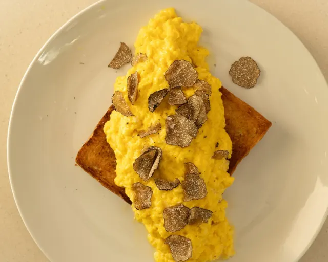 Overhead view of toast with egg