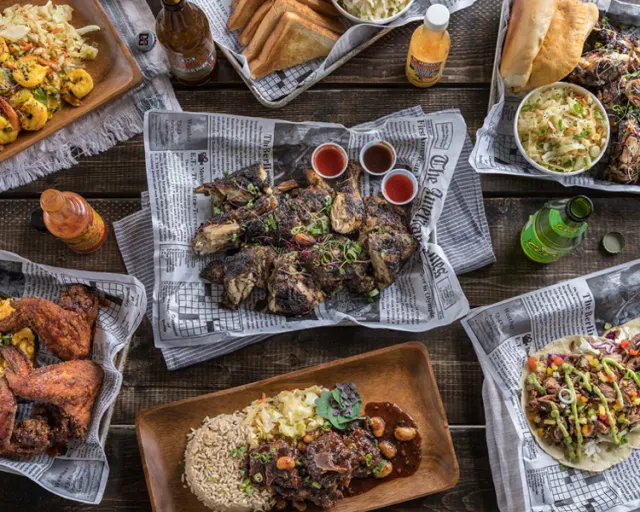 Overhead view of food spread