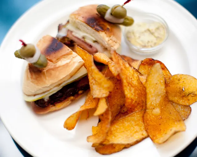 Overhead view of sandwich and chips