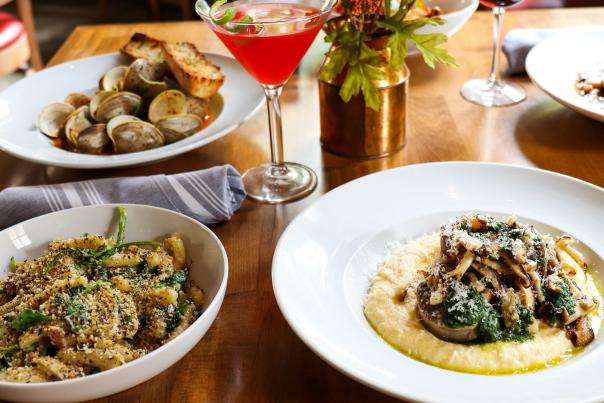 Food spread with cocktails