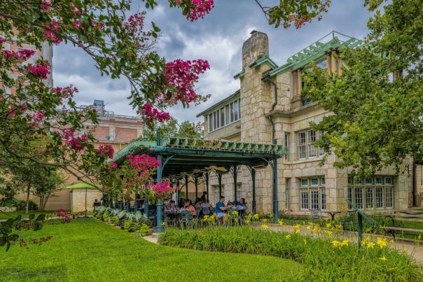 Historic building with patio seating