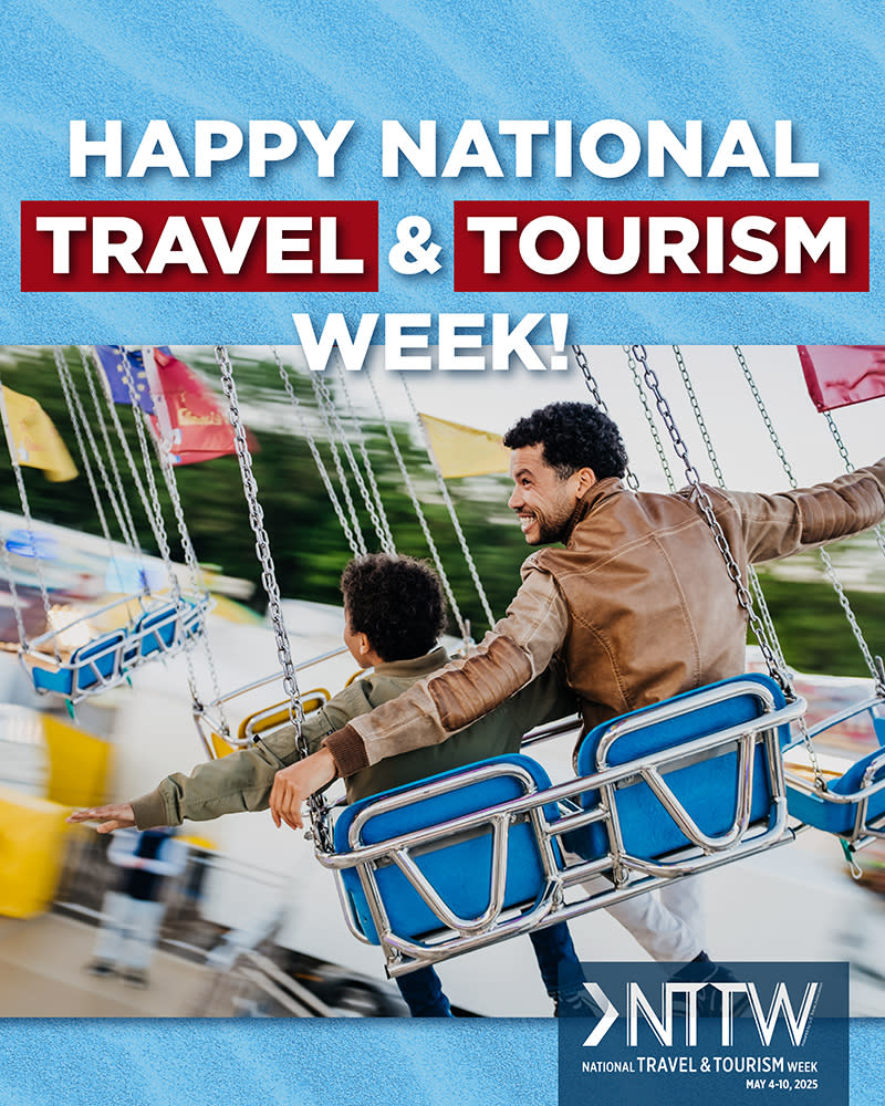 Graphic of father and son on swings with text promoting National Travel & Tourism week overlayed.