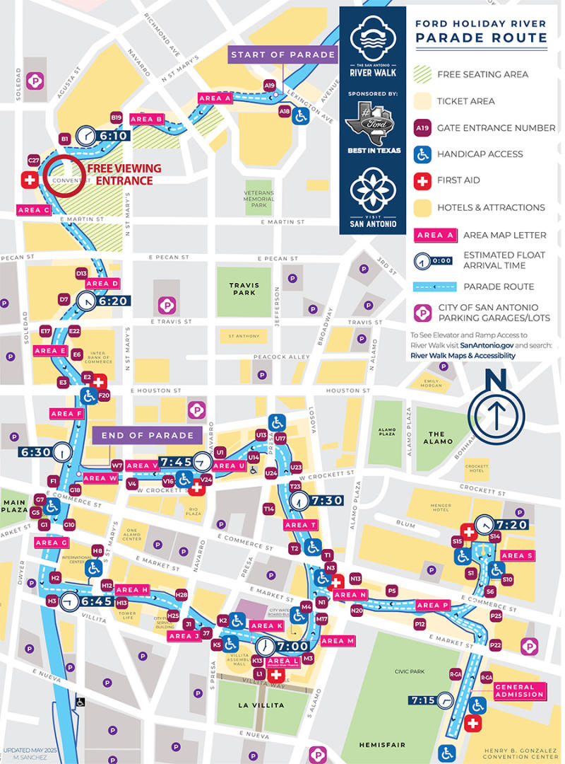 Graphic of parade route for Ford Holiday River Parade 2025.