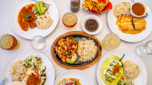 Overhead view of food spread at Rosario's restaurant.