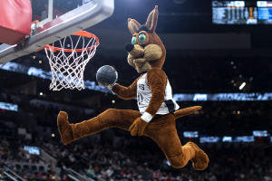 San Antonio Spurs Coyote slam dunking basketball at Spurs game