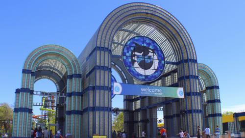 SeaWorld San Antonio entry arches on a clear day.