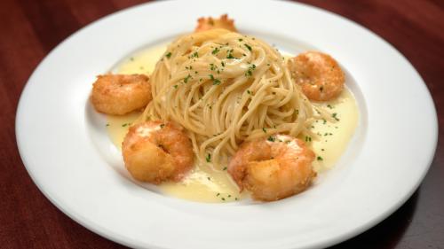 Plate of pasta with shrimp