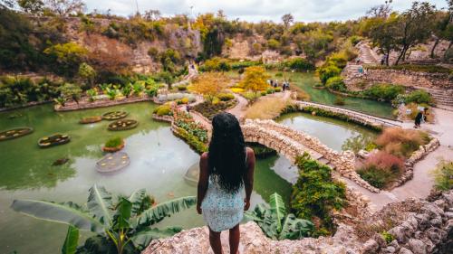 Woman overlooking lush garden and standing water