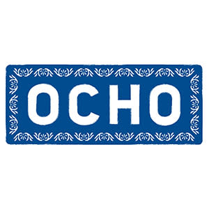 Logo with blue rectangle and "Ocho" in white