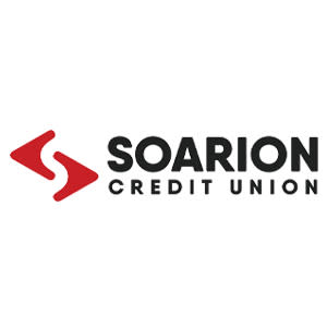Logo of black text that reads "Soarion Credit Union"