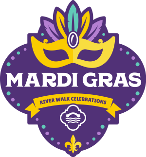 Purple logo in shape of quatrefoil that reads "Mardi Gras River Walk Celebrations."