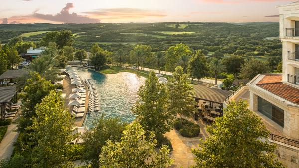 Overhead view of pool and resort
