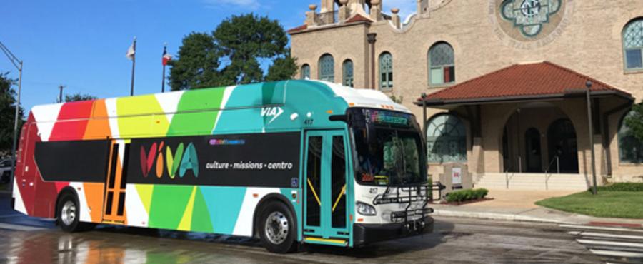 Bus parked outside of building