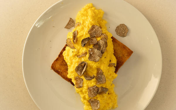 Overhead view of toast with egg