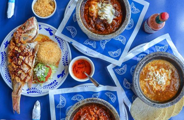 Overhead view of bowls of food