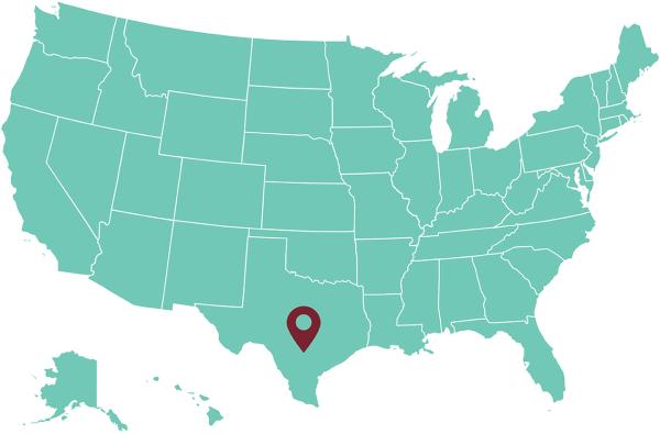 Map of United States with location tag on San Antonio