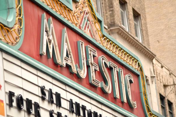 External view of the Majestic Theatre marquee in downtown San Antonio.