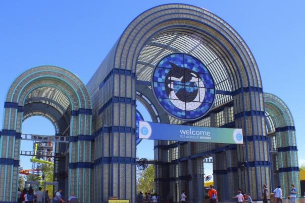SeaWorld San Antonio entry arches on a clear day.