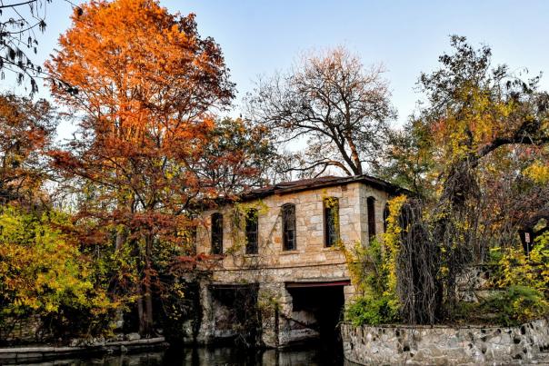 Stone building surrounded by trees