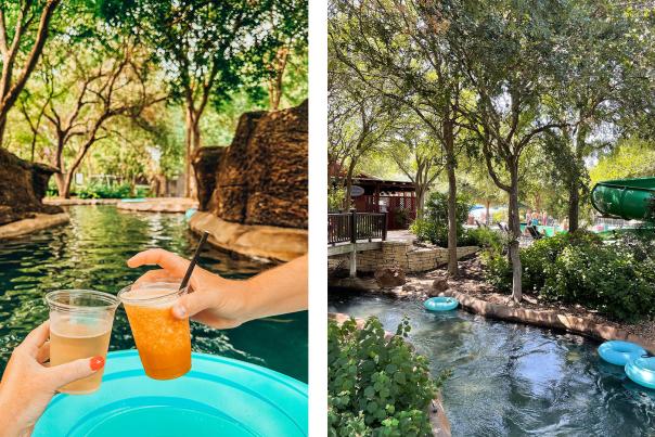 split screen photo of two pools, one with inner tubes and the other with hands holding drinks