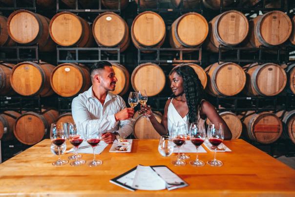 Couple toasting wine glasses on a date night